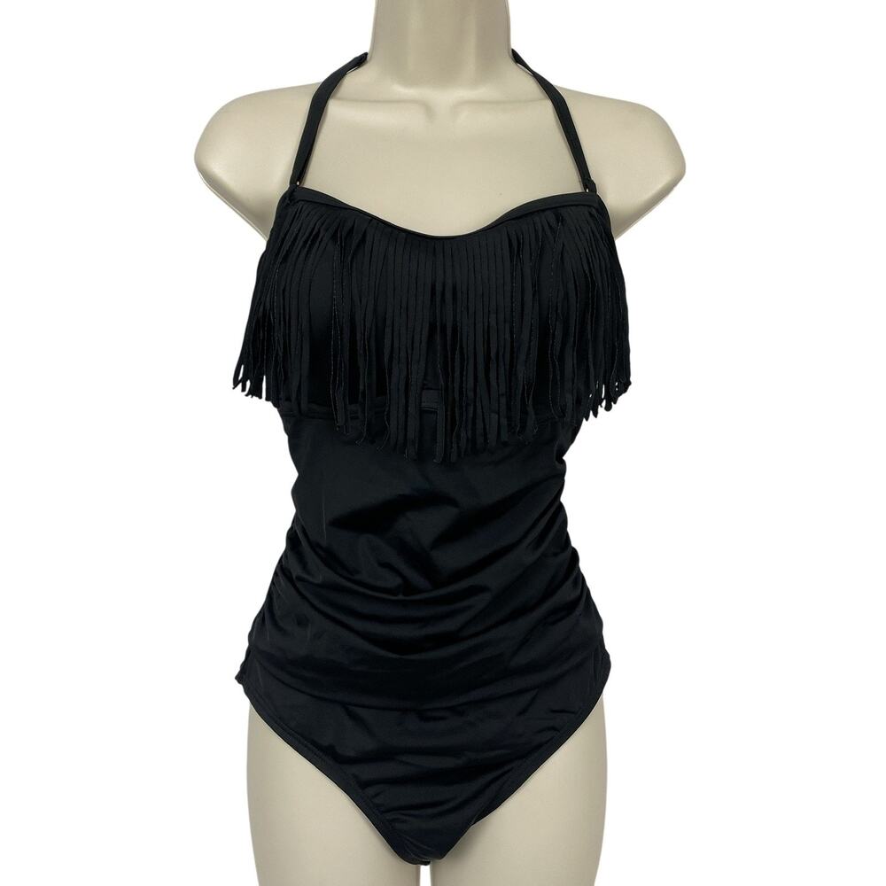 Swimsuits For All One Piece Swimsuit Women 12 Black Fringe Halter Slimming Boho‎